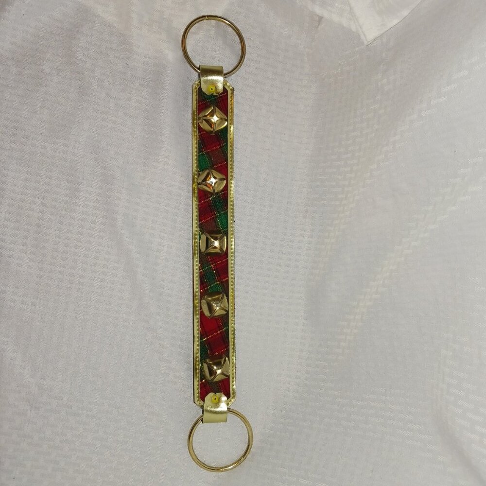 23" LONG SLEIGH BELLS ON PLAID FABRIC STRAP FOR DOORING METAL LOOPS FOR HANGING